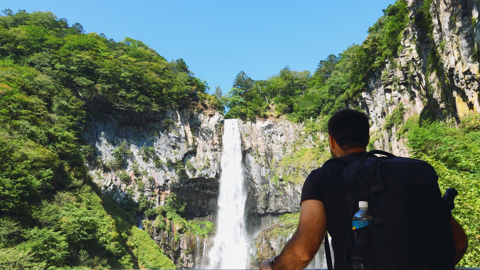 Vista de una gran cascada entre paredes de basalto y bosque, con una figura de espaldas en primer plano